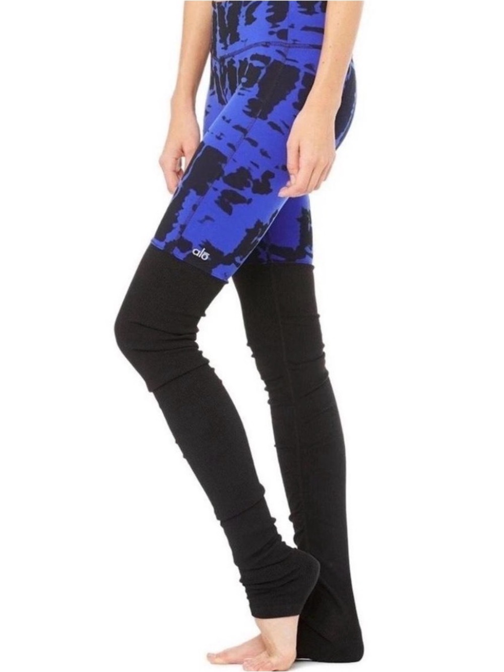 ALO Yoga Blue Tie-Dye High-Waist Jeggings with Black Lower Panels
